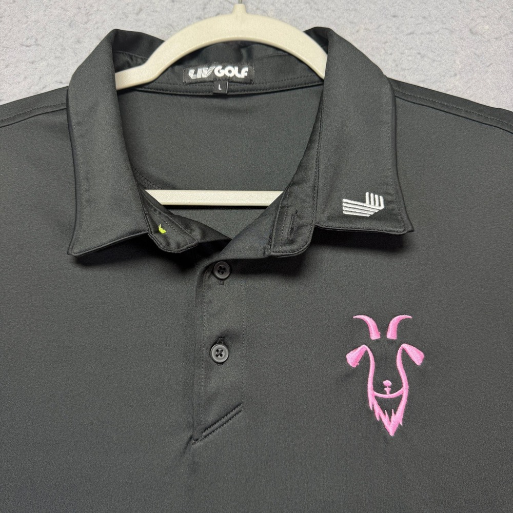 LIV Golf RangeGoats GC Mens Polo Shirt Black Pink Goat Logo Size L 23TMM10-RG100